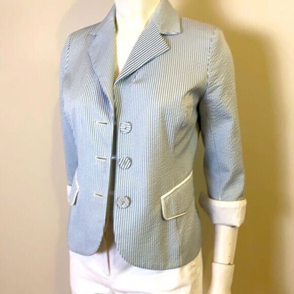 Pink Tartan Blue and White Seersucker Blazer  Jacket Size 2 EUC Summer c… - Picture 2 of 10